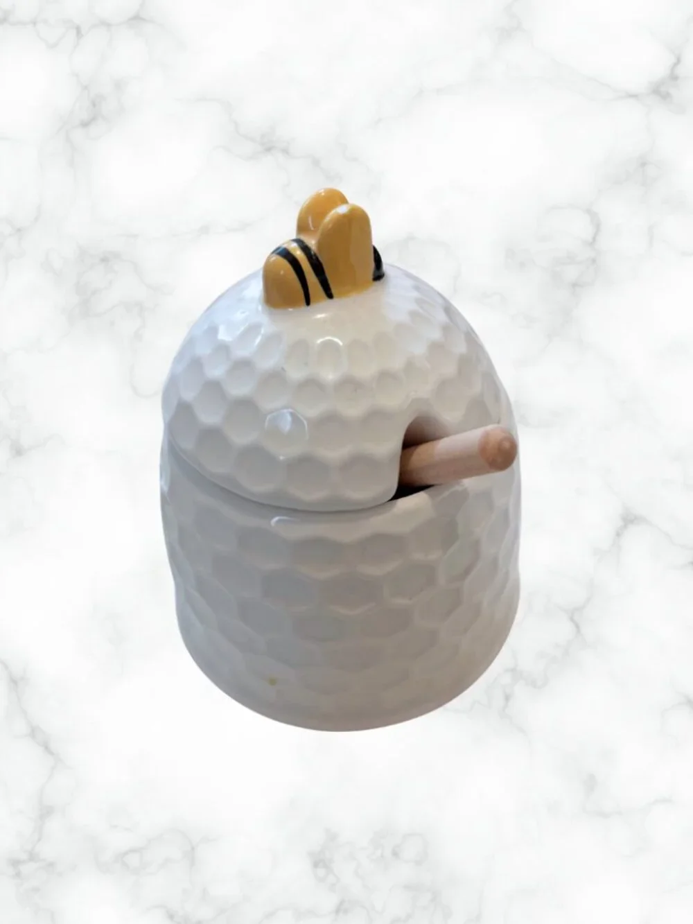 Ceramic Bee and Honeycomb Honey Pot w/ Lid & Wooden Dipper
